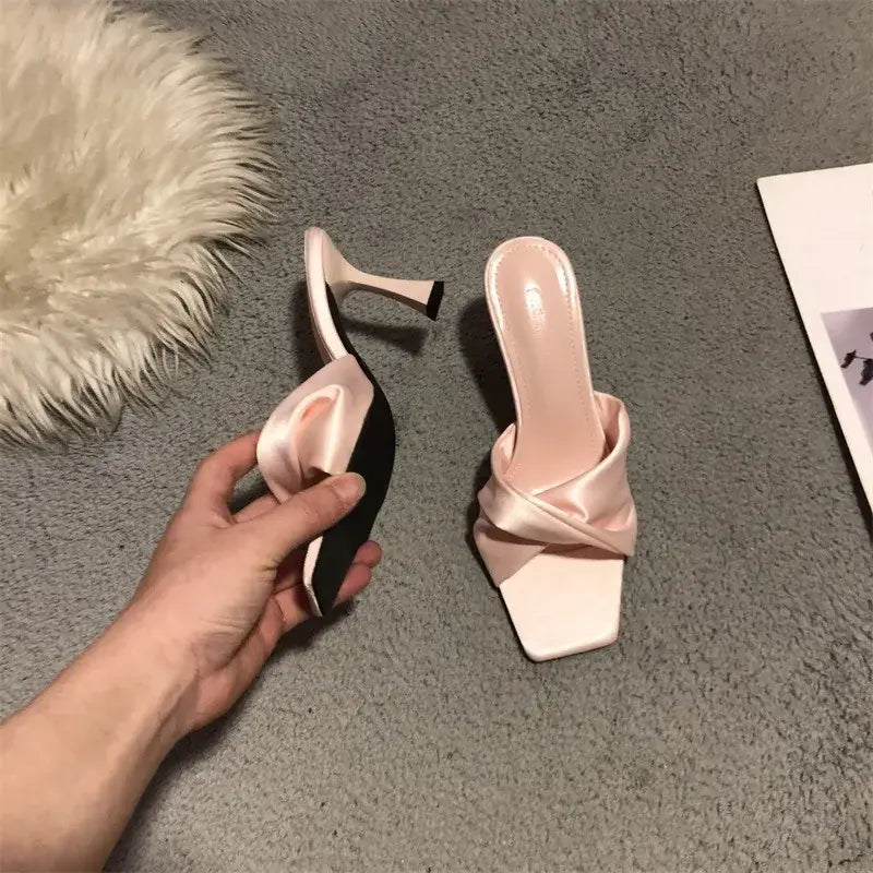 Satin Slippers Women Square Toe High Heels