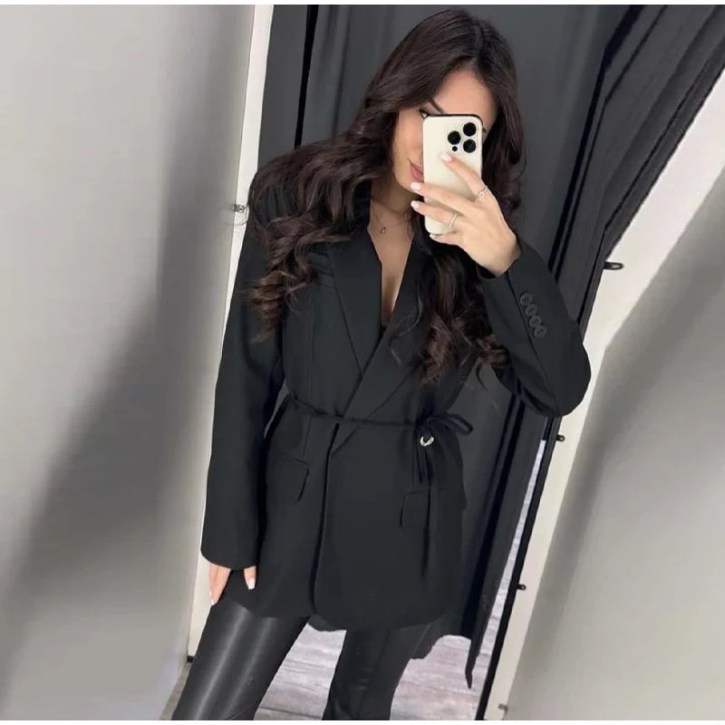 Women’s Tie Waist Blazer Coat Oversized Padded Shoulder