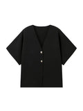 Women Short Sleeve V-neck Casual Solid Knitted Vests Top Two Buttons - Norellé