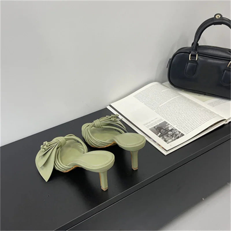 Women Green Leaf Narrow Band Summer Slipper Sandal