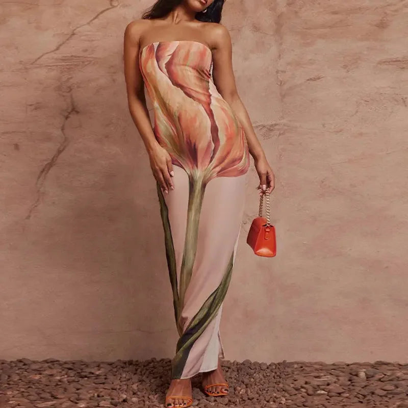 Strapless Backless Printed Long Dress Women