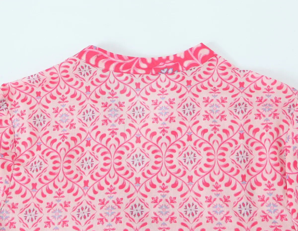 Women Elegant V Neck Floral Print Casual Shirt Midi Dress