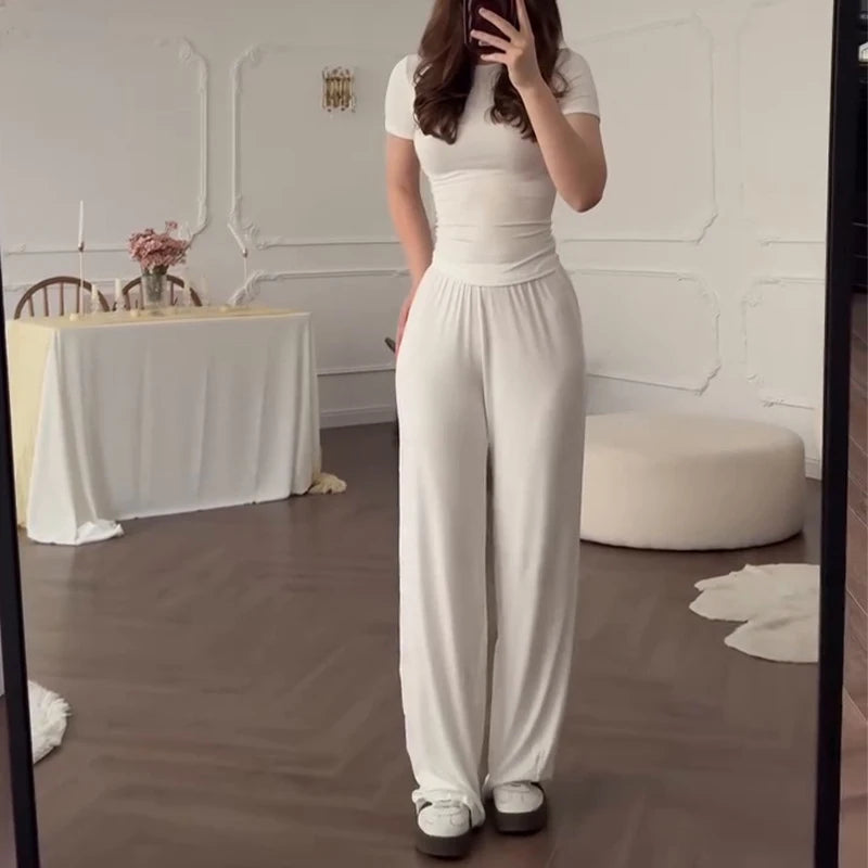 Casual Long Pants Suits Women O-neck Short Sleeve T-shirt Elastic Waist Trousers Set