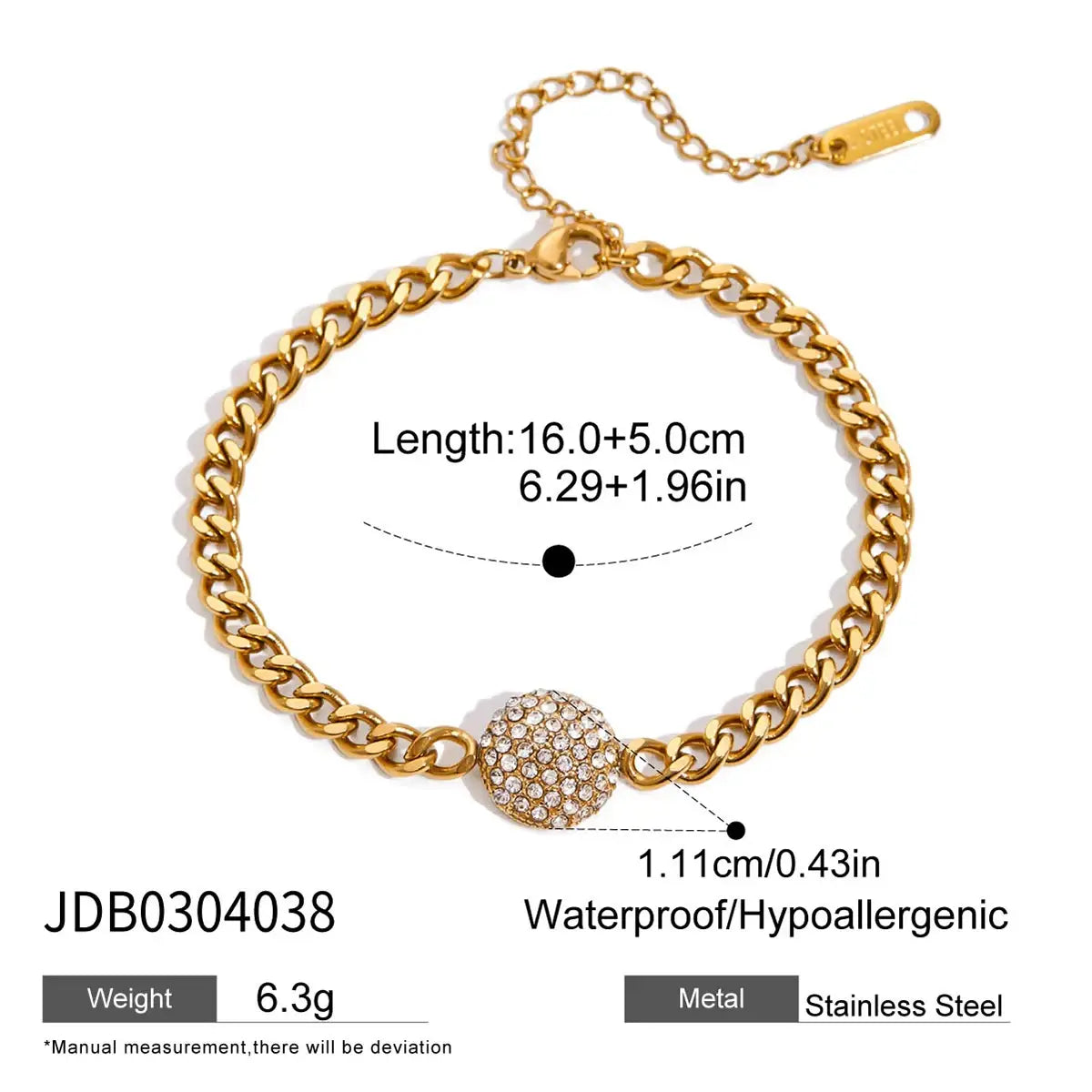 Round Rhinestone Bracelet Stackable Chain Waterproof