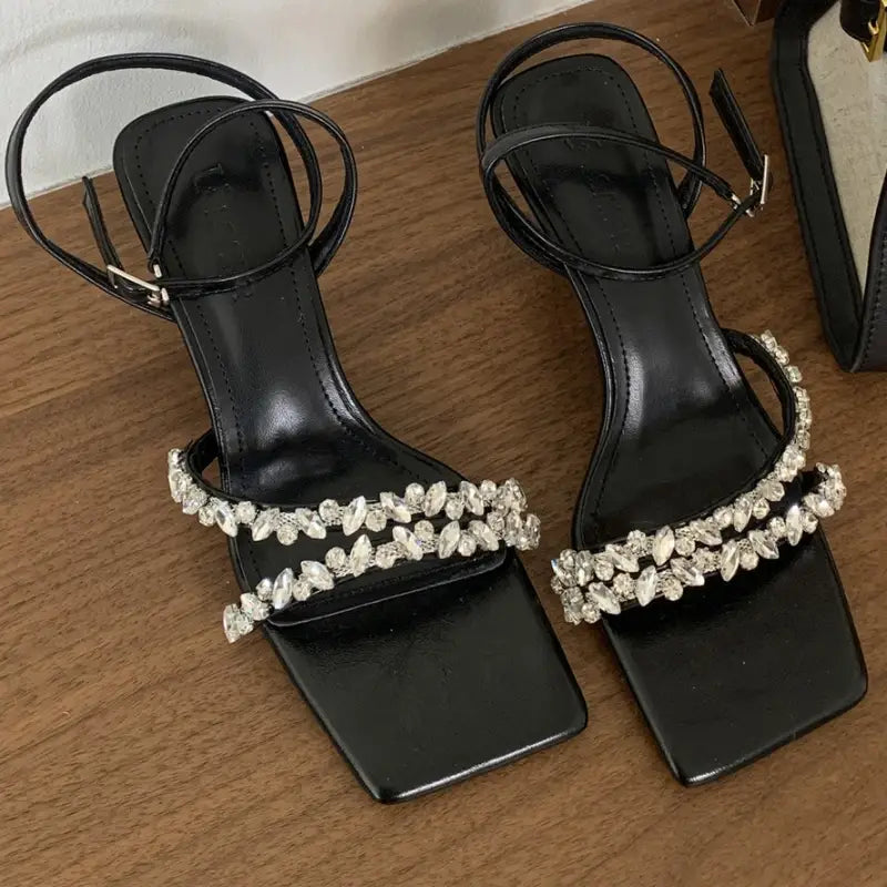 Rhinestone Ankle Strap Women Sandals High Quality Square Toe