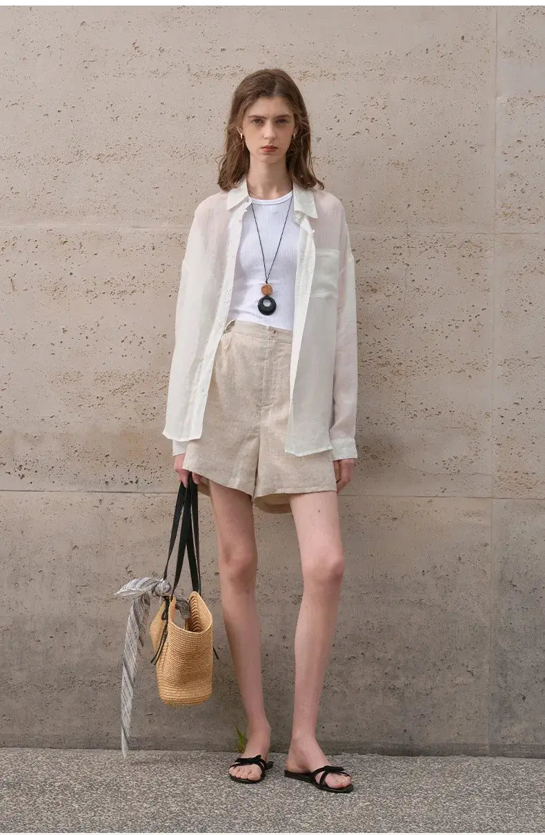 Women’s Lapel Long-Sleeved White Casual Loose Blouse