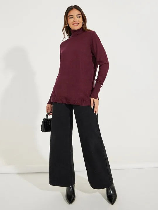 Women’s Cropped Basic Turtleneck Sweater Long Sleeves with Buttons