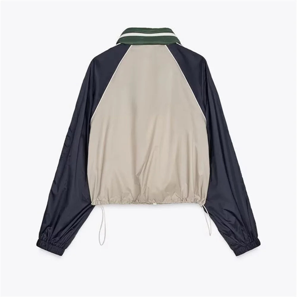 Women's Color Blocked Short Style Stand up Collar Long Sleeve Pants Set