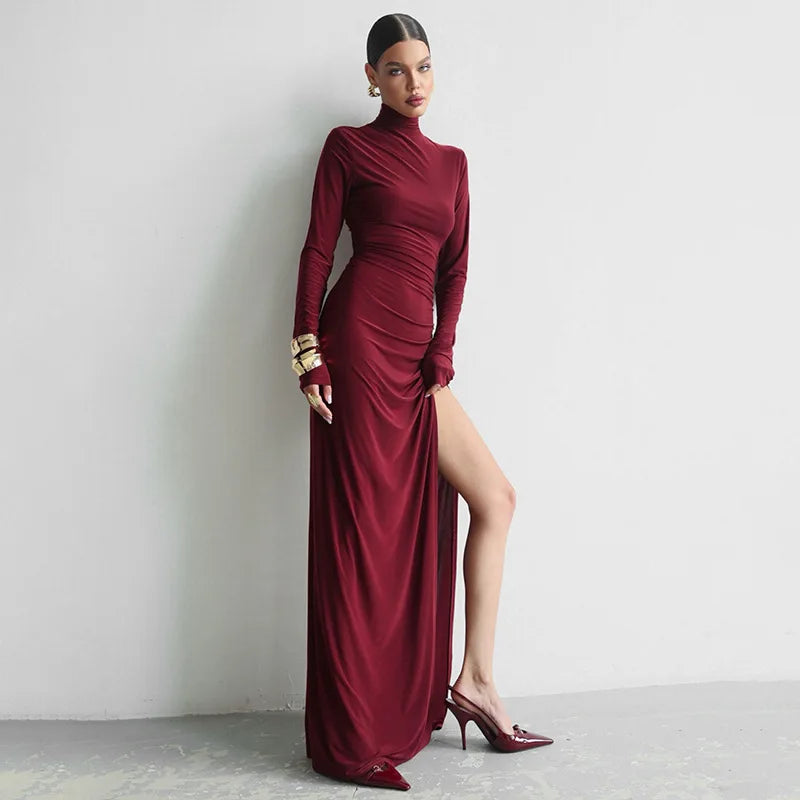 Turtleneck High Slit Maxi Dress For Women