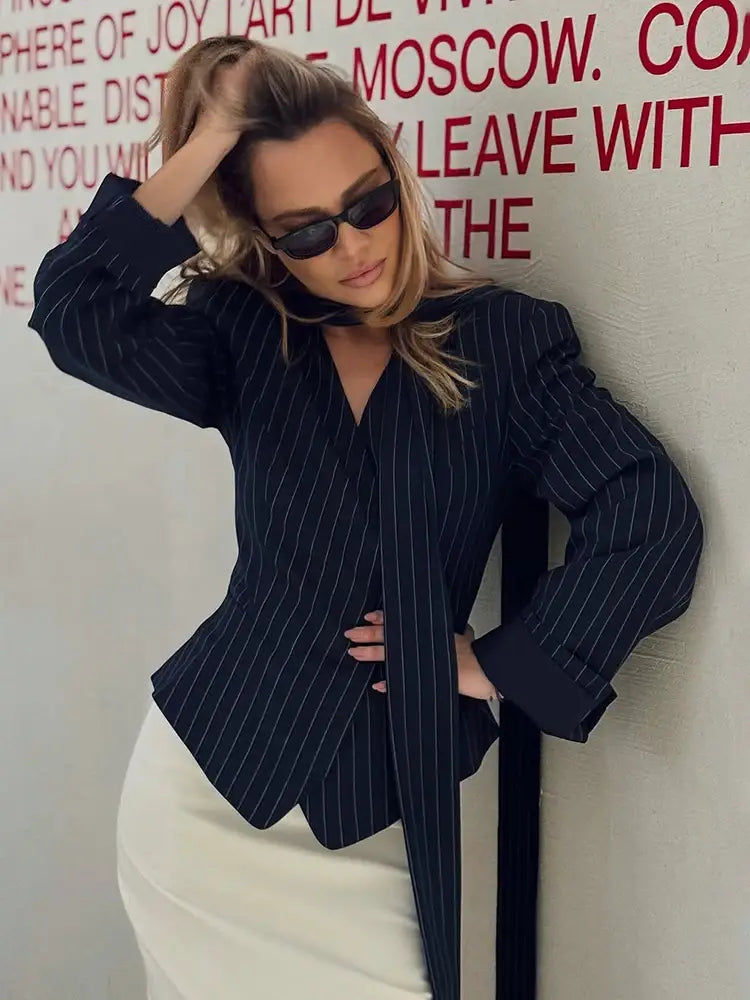 Striped Print V-neck Ribbon Shirt