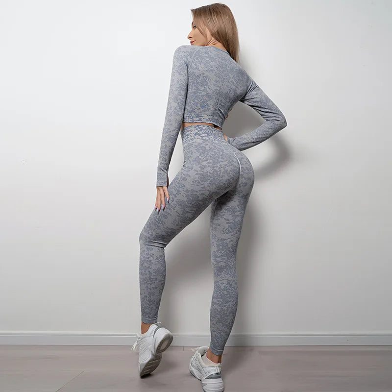 Sømløse yogasett Sport Fitness Høy midje Hofteløftende bukser Langermede drakter Treningsklær 