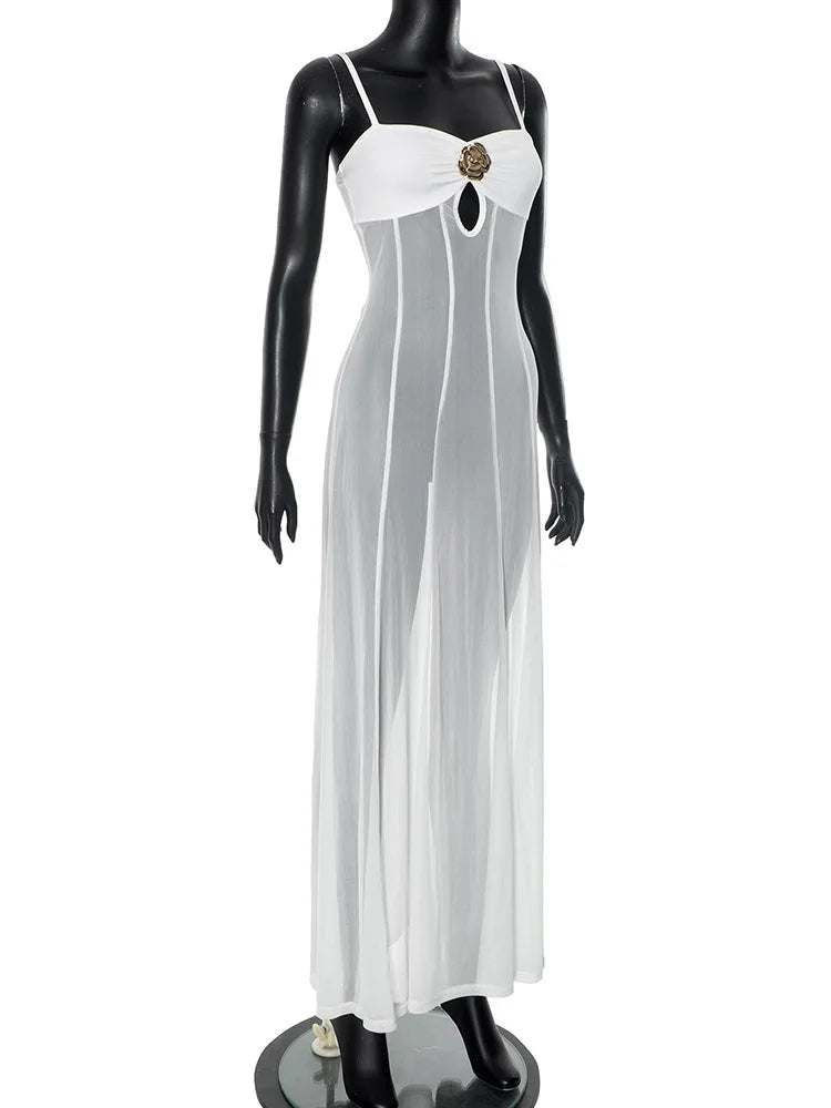 See Through Metal Flower Women Maxi Dress