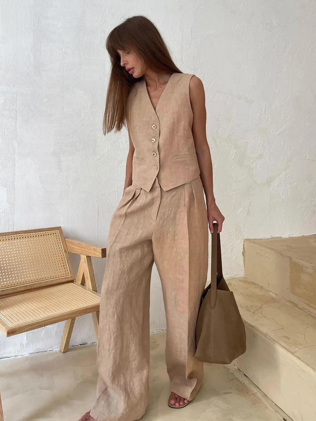 Cotton Linen Blend Vest Wide Leg Pants Suit