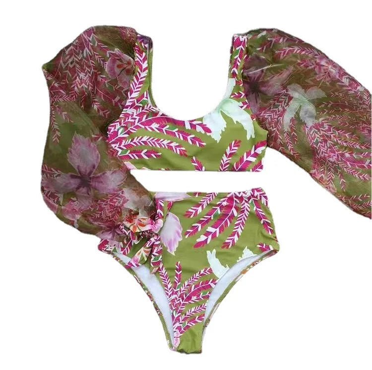 High Waist Bikini Set Floral Print Swimwear Women With Long Puff Sleeves - Norellé
