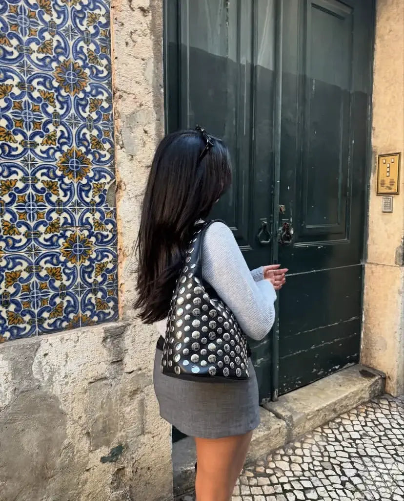 Punk Style Embellished Double-Faced Round Niche Bucket Bag