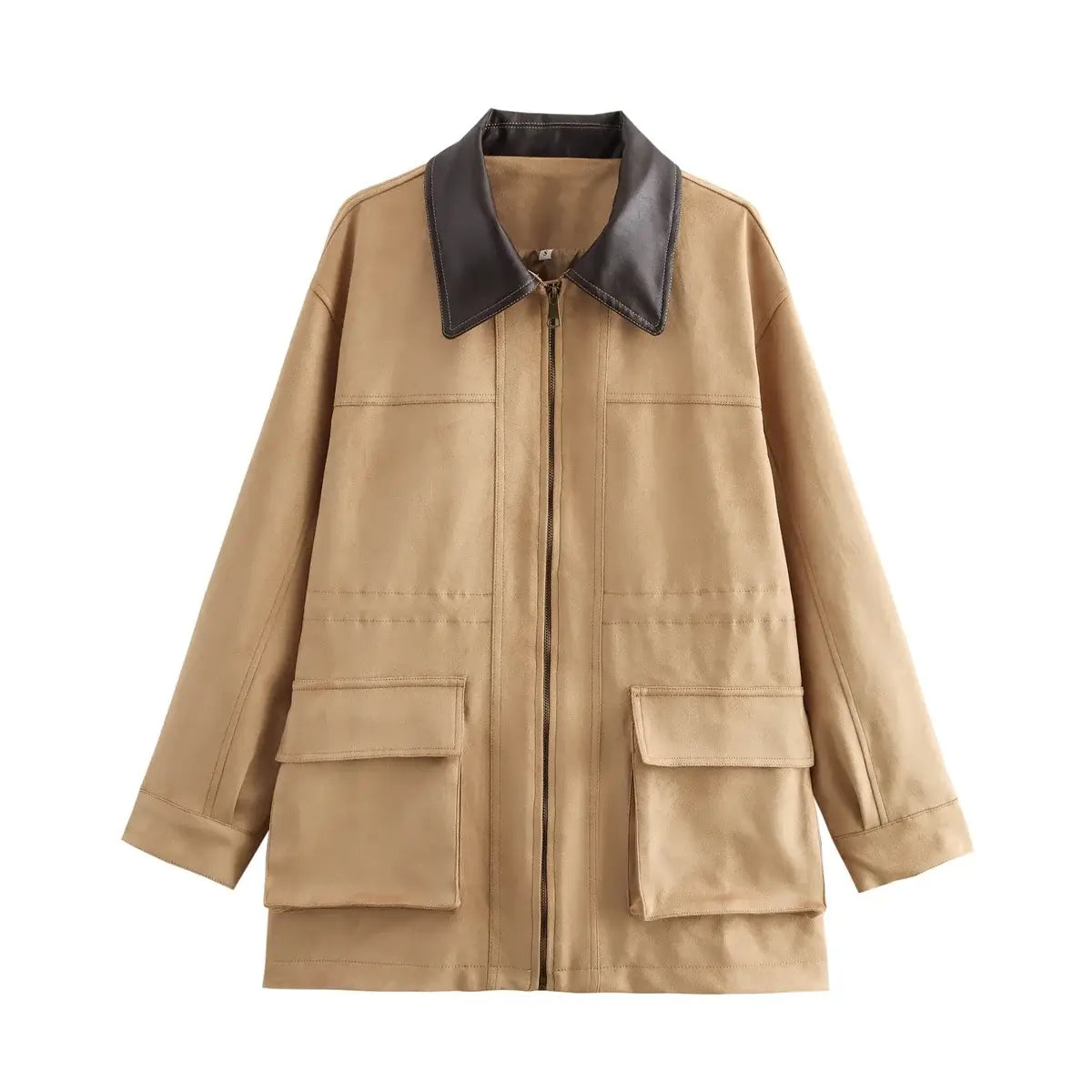 Lapel Contrast Color Large Pocket Mid-length Jacket
