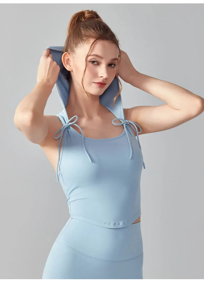 Women Yoga Bow Tie Hooded Vest Skin-friendly Soft Breathable Tank Top