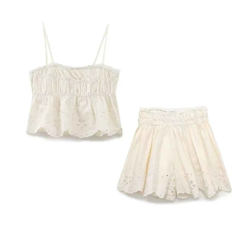 Women's Casual Elegant Embroidered Strap Top&Lace Shorts Set