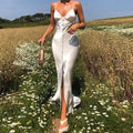 Women's Vintage Solid Silky Sleeveless Deep V -Neck High Waist Long Dress - Norellé