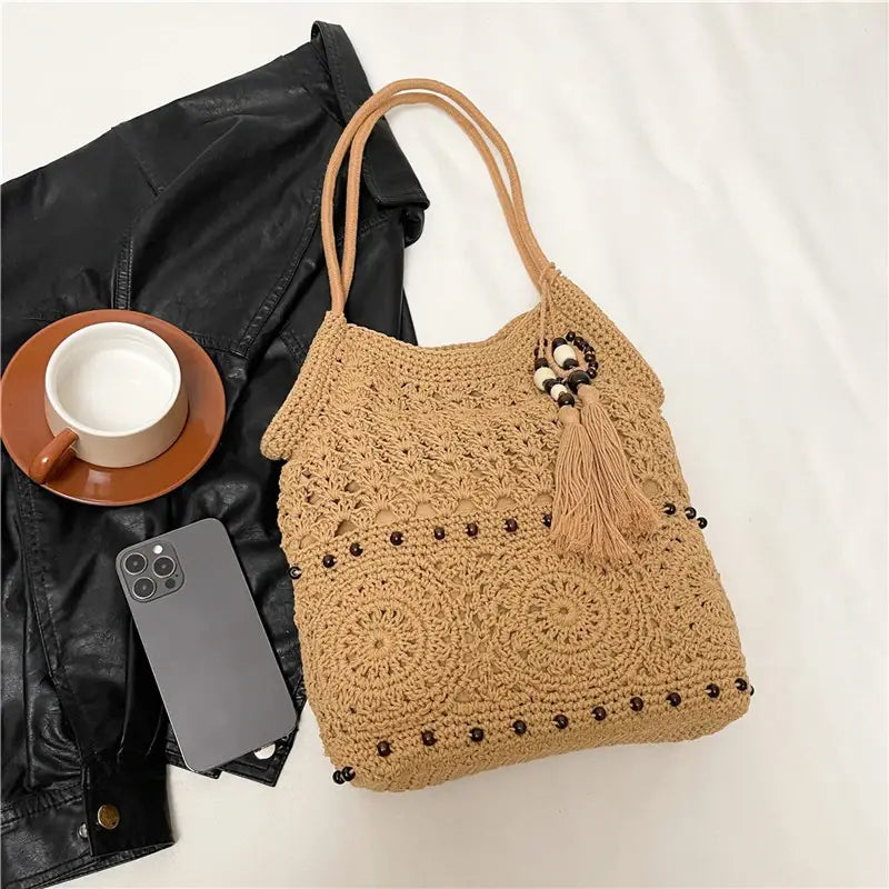 Weave Handbag Large Capacity Shoulder Bag Hollow out Tote