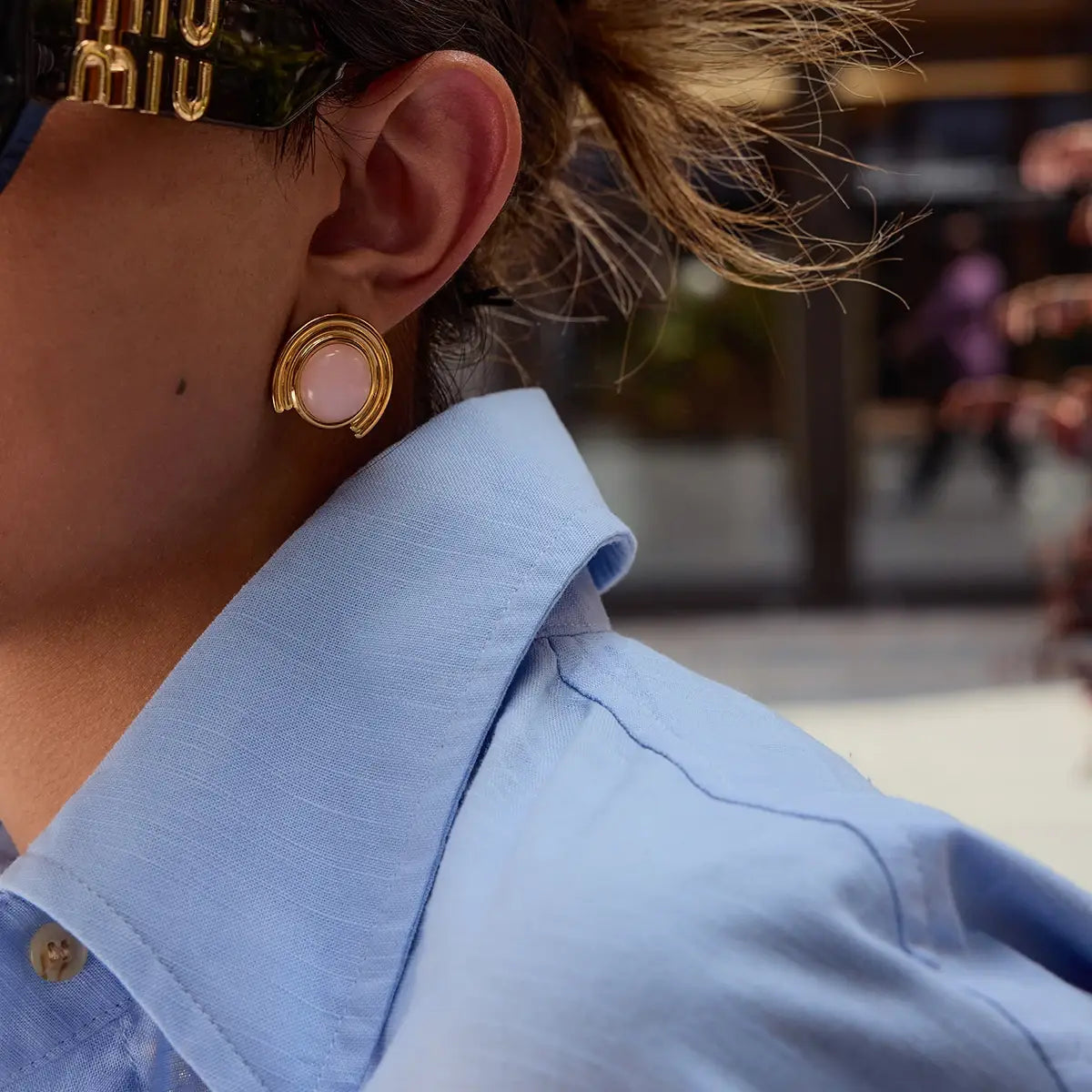 Pink Natural Stone Ribbed Earrings Stainless Steel