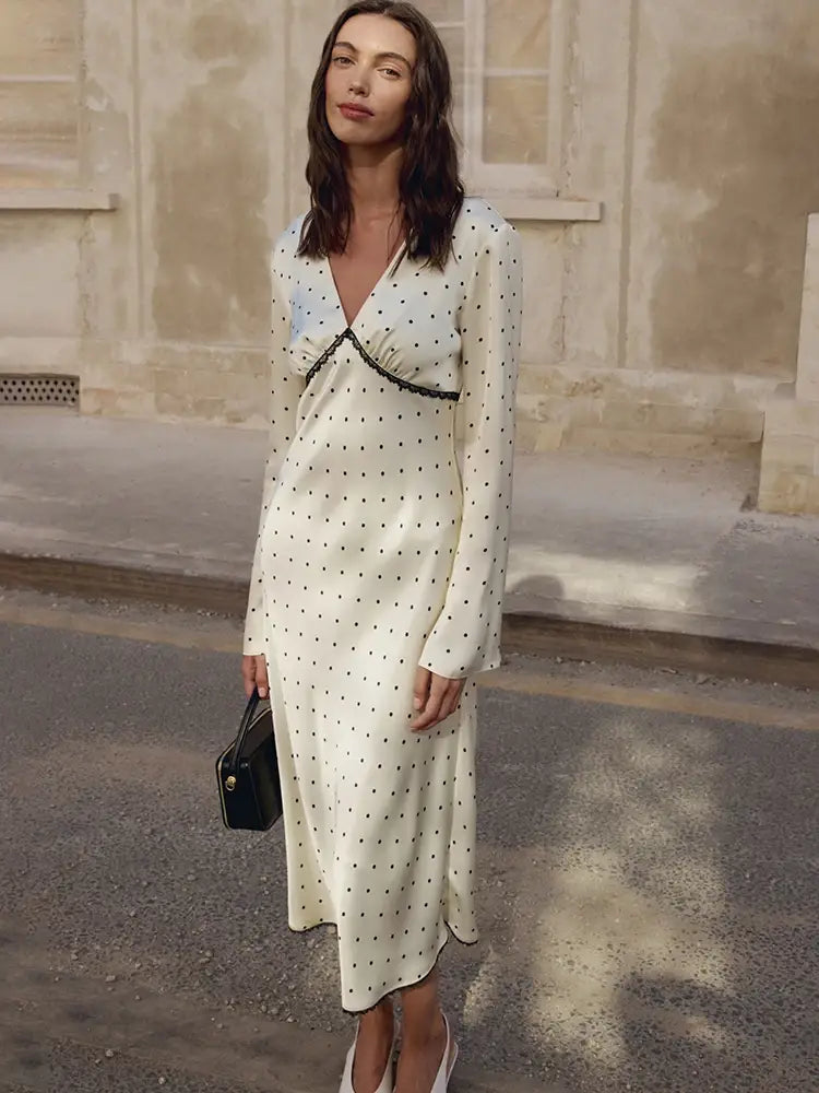 V-neck Printed Polka Dot Women Maxi Dress