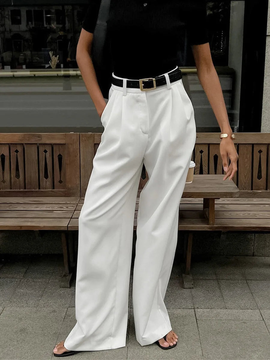 Solid Minimalist Spliced Pockets Pant for Women High Waist Loose