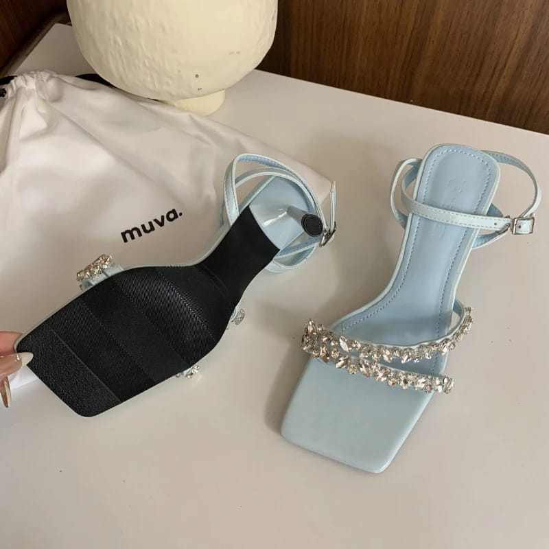 Rhinestone Ankle Strap Women Sandals High Quality Square Toe