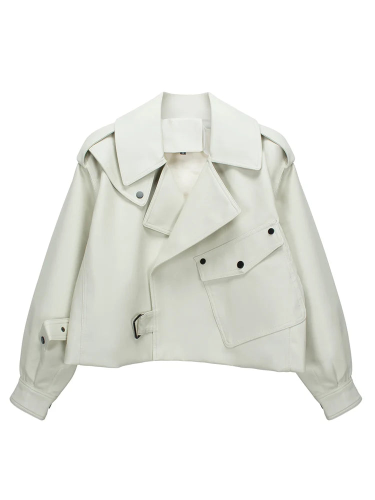 High Street Women Lapel Loose Pu Faux Leather Short Jacket