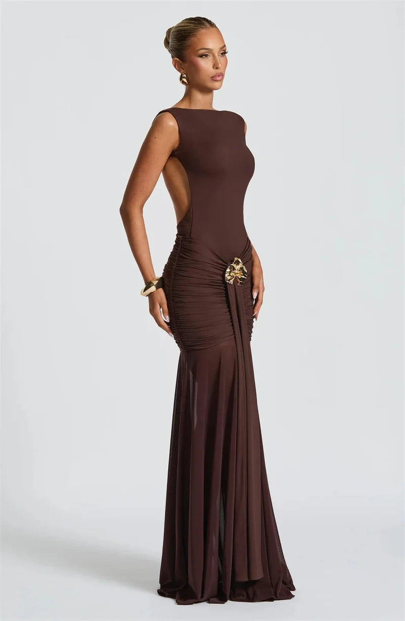 Metal Flower Backless Ruched Maxi Dress Women