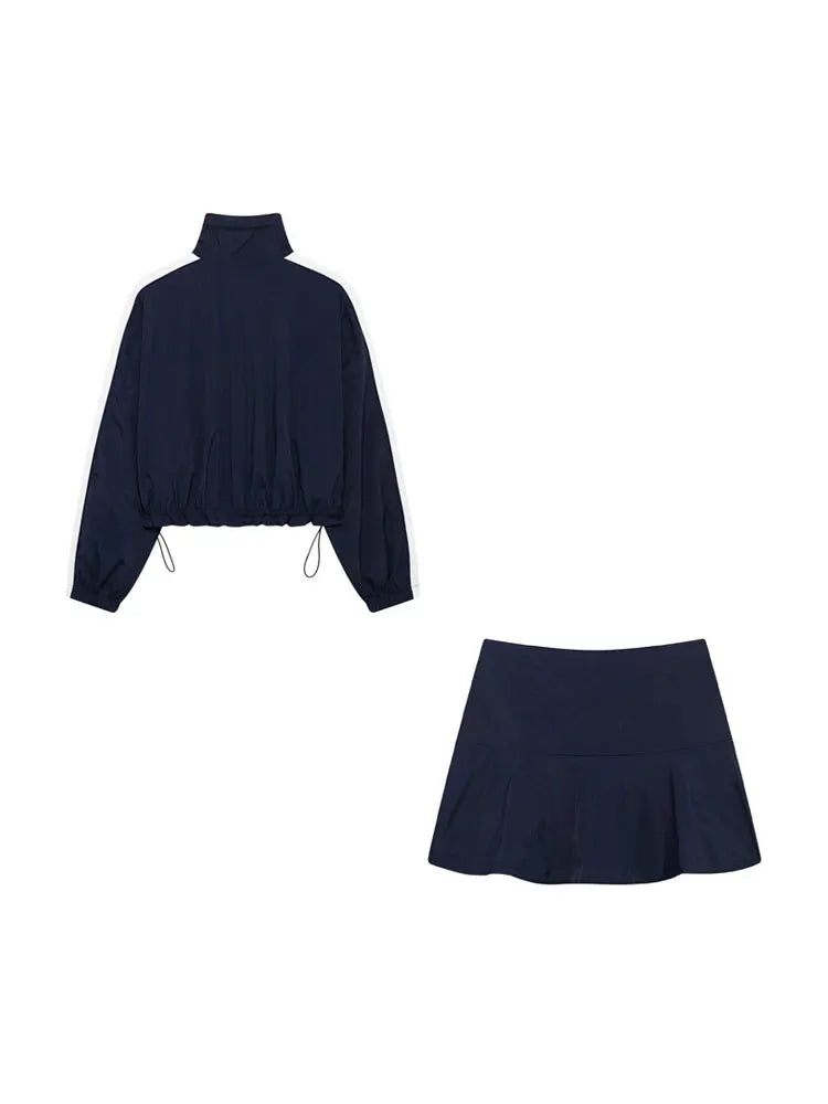 Women Fashion With Side Stripes Cropped Jacket Coat And High Waist With Elastic Drawstring Skort