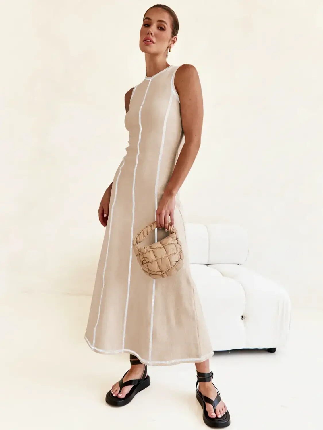 Women Clothing Knitted Long Skirt Simple Round Neck Sleeveless Female Vestidos