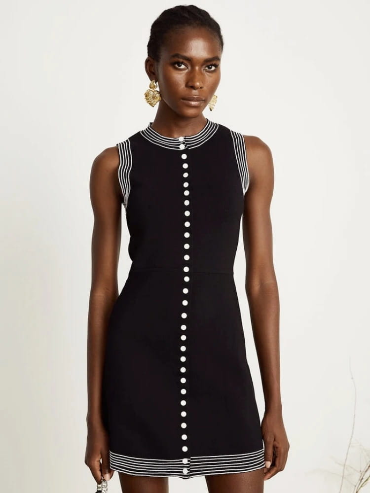 Causal Round Neck Single Row Button Sleeveless Slim Fit Women Dress