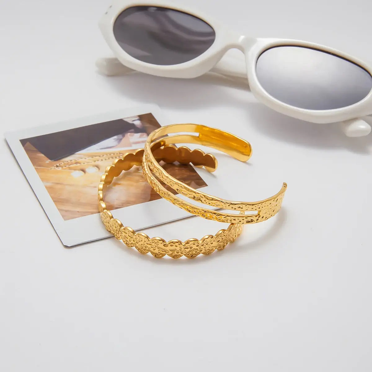 Gold Color Plated Stainless Steel Hammer Pattern Double Layer Bracelet