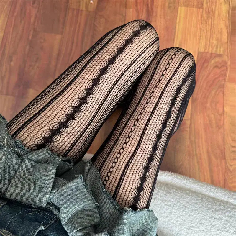Striped Tights Women Figures Hollow-Out Lace Fishnet