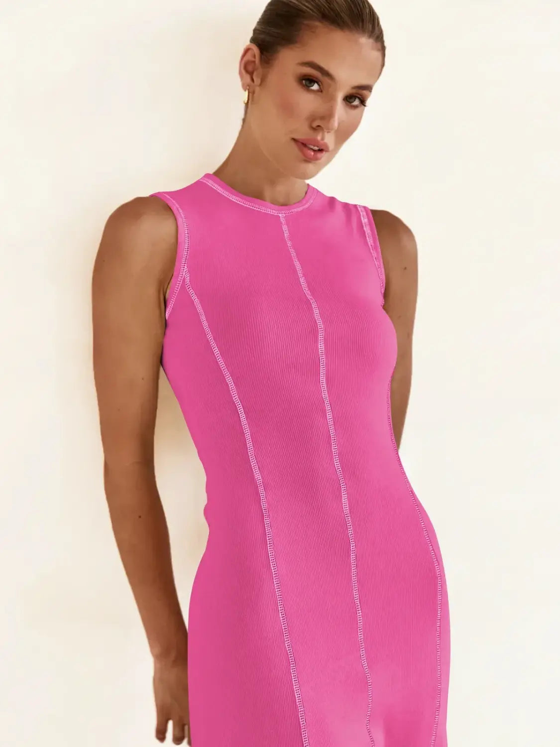 Women Clothing Knitted Long Skirt Simple Round Neck Sleeveless Female Vestidos