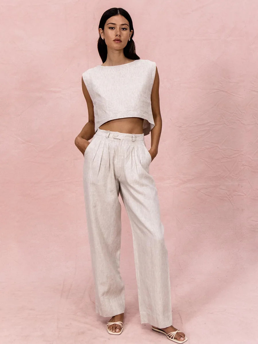 Cotton Linen Vest Pants Set Women