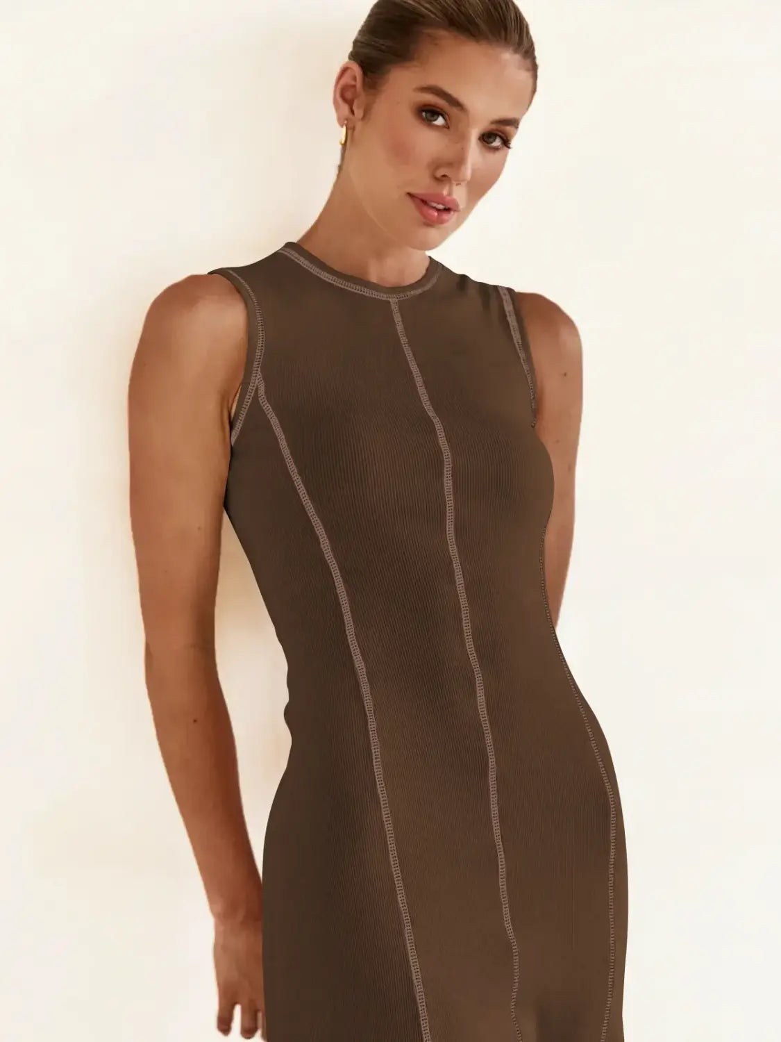 Women Clothing Knitted Long Skirt Simple Round Neck Sleeveless Female Vestidos