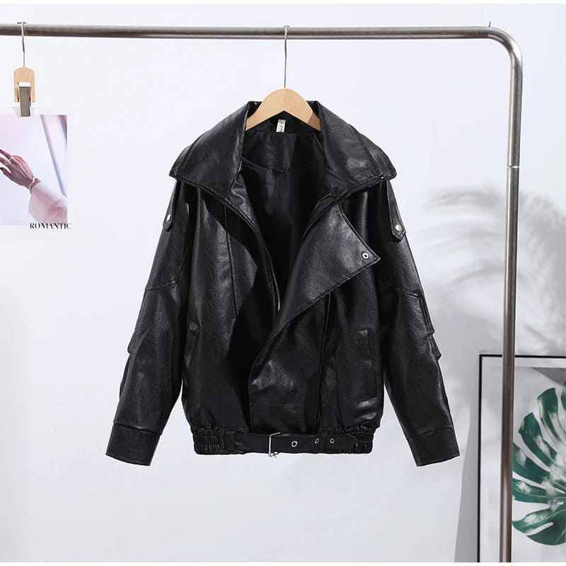 Retro PU Leather Stand Collar Jacket Women