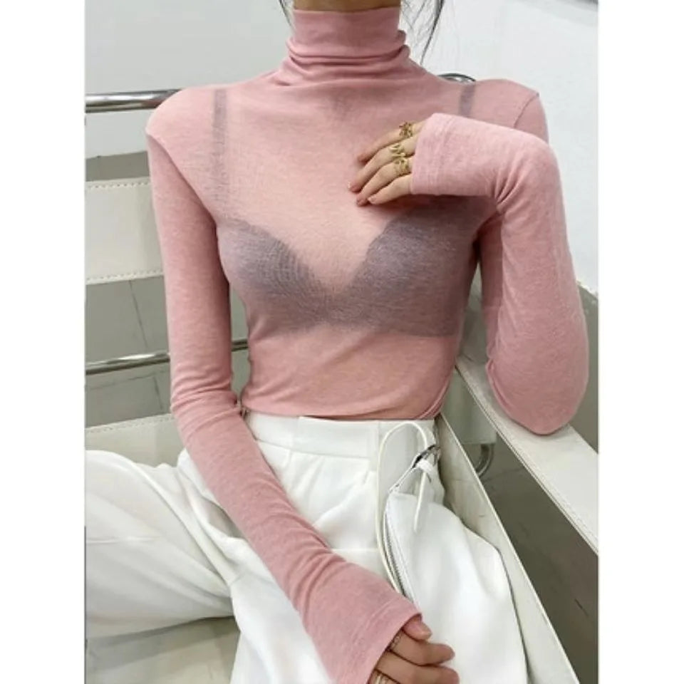 Turtleneck Slim High Quality Plain T Shirt Women