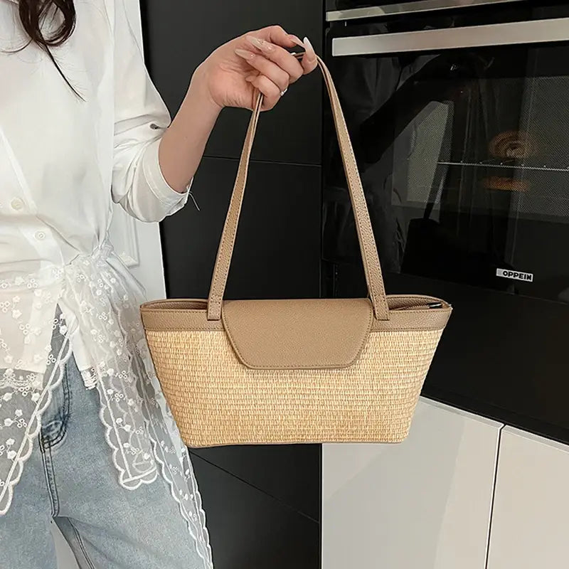 Women Shoulder Bag PU Woven Patchwork Stick