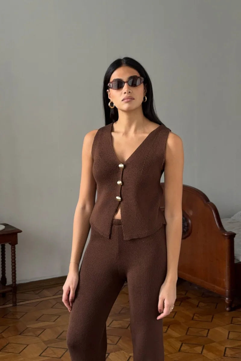 Knit Pant Sets Women V Neck Sleeveless Tank Tops High Waist Elegant