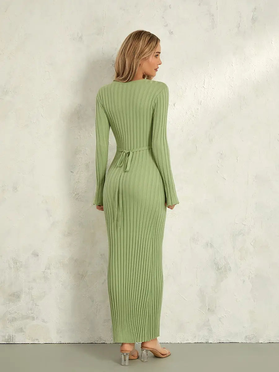 Women Lace-up Knit Dress Elegant Long Sleeve