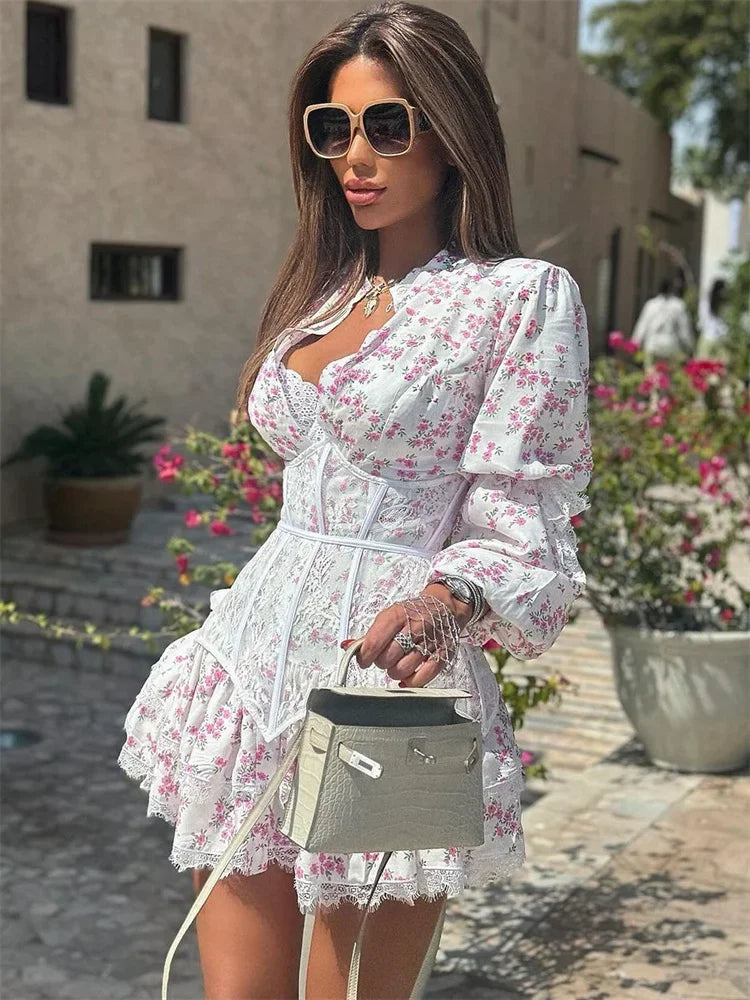 V-Neck Printed Mini Lace Dress Female Ruffled High Waist Long Sleeve Dress - Norellé