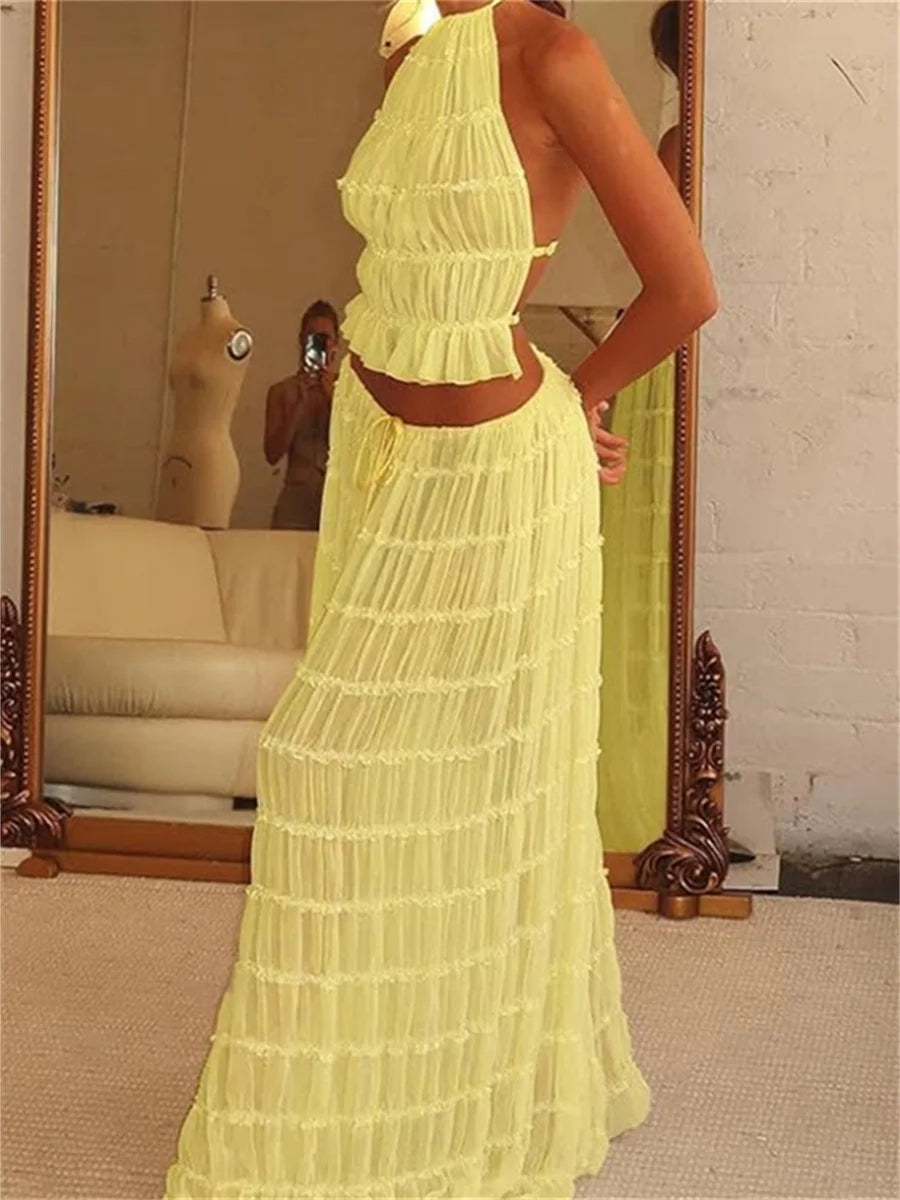 Fashion Solid Halter Neck Long Skirt Suit Women