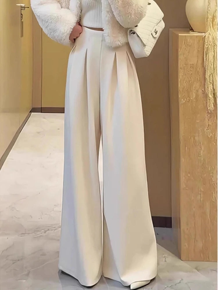 Retro High-end Pleated High-waisted and White Drape Floor Pants for Women