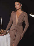 Glitter Deep V Neck Maxi Dress For Women Elegant Sparkle - Norellé