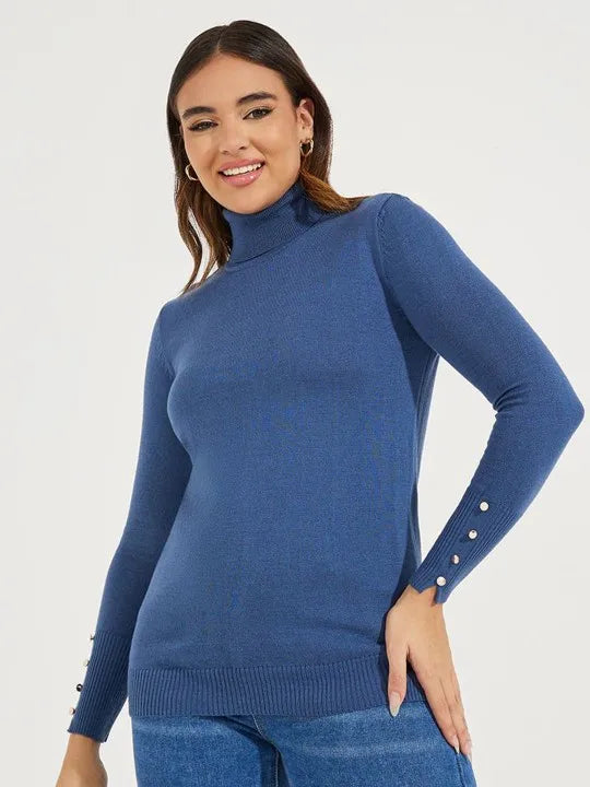 Women’s Cropped Basic Turtleneck Sweater Long Sleeves with Buttons