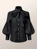 Trendy Imitation Denim Blouse Tops for Women Long Puff - Norellé