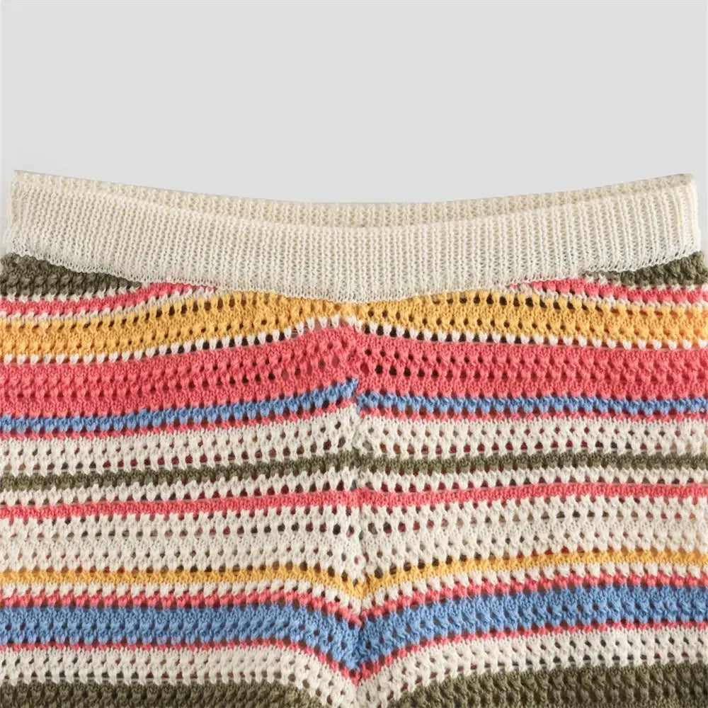 Women’s Casual Stripe Printed Short Sleeve Flip Collar Cardigan Shorts Set